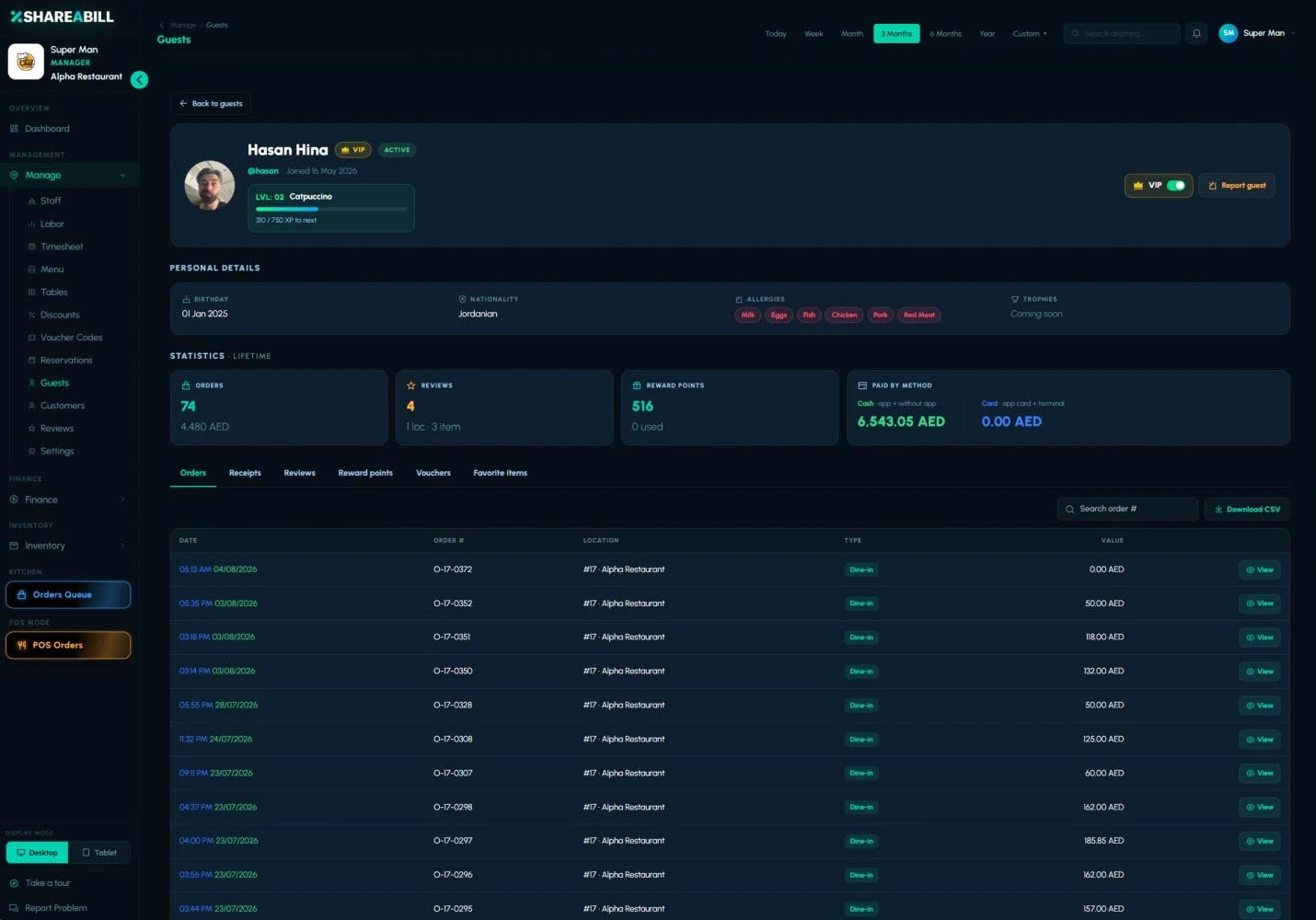 The guest insights screen