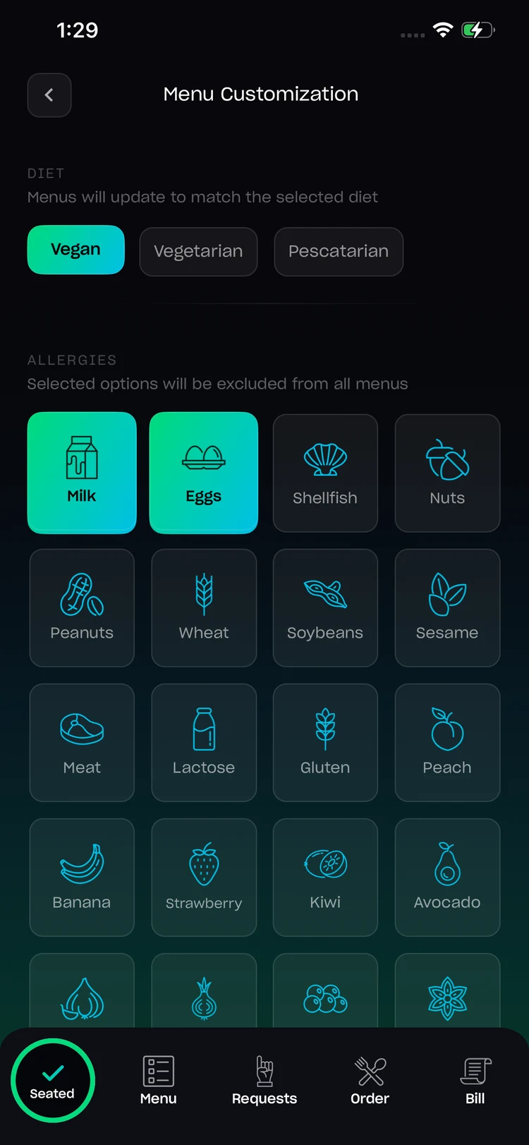 Allergy and dietary preference selection