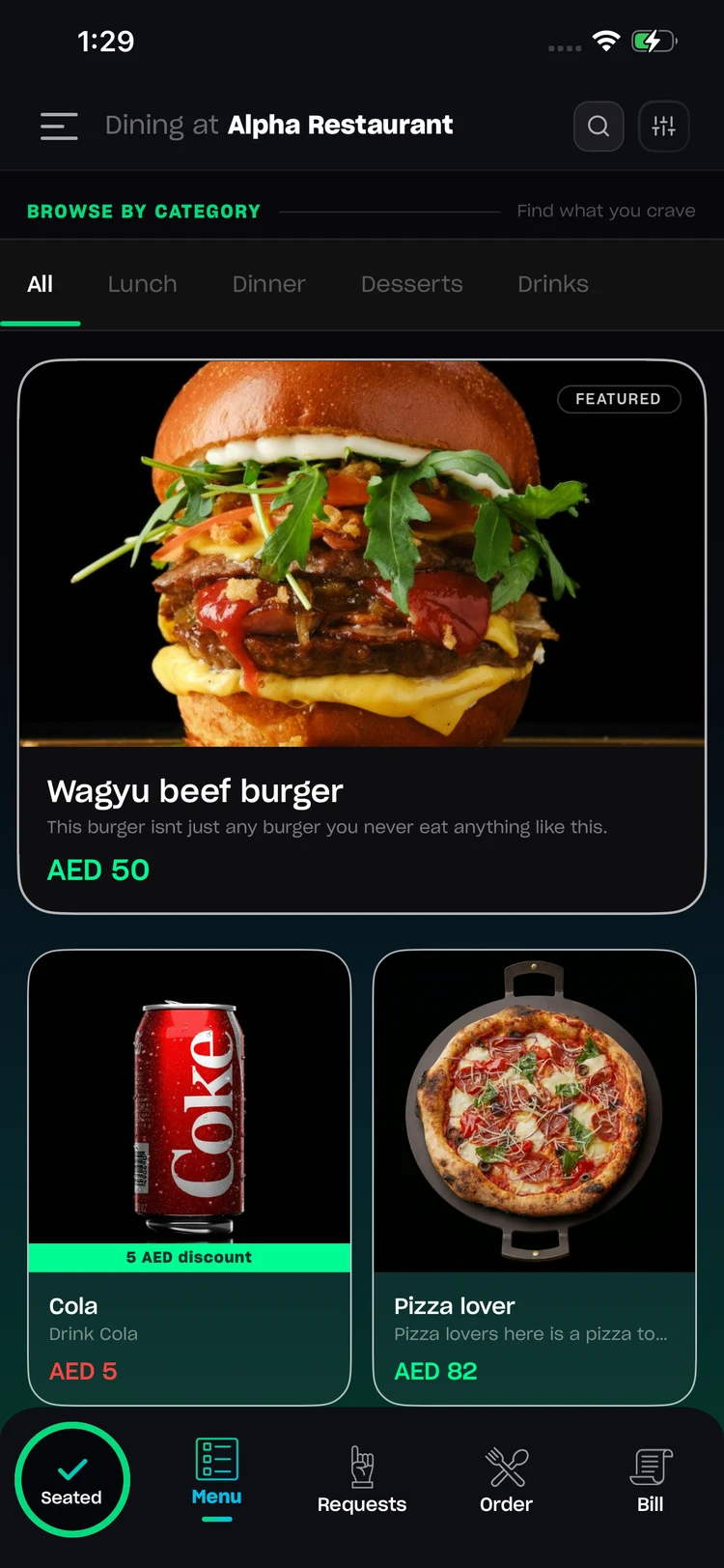 Shareabill menu — ordering directly from the table