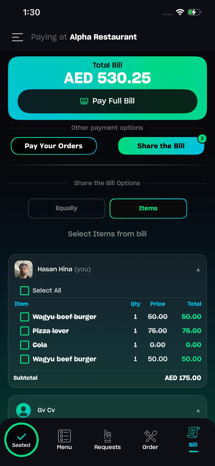 Splitting the bill by items with the table